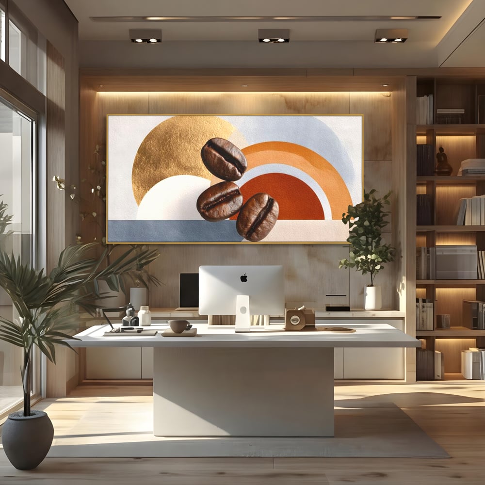 Tablou canvas cu tablou canvas cu boabe de cafea si forme geometrice, in rama de aluminiu auriu, pe perete intr-un birou